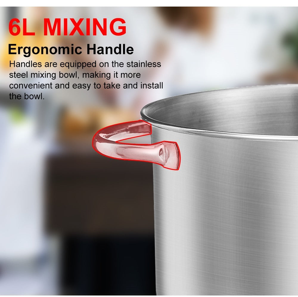 BioloMix BM601 1200W Kitchen Food Stand Mixer, Cream Egg Whisk, Cake Dough Kneader, 6L Capacity, Stainless Steel Bowl, 6-Speed, LED Display - Grey