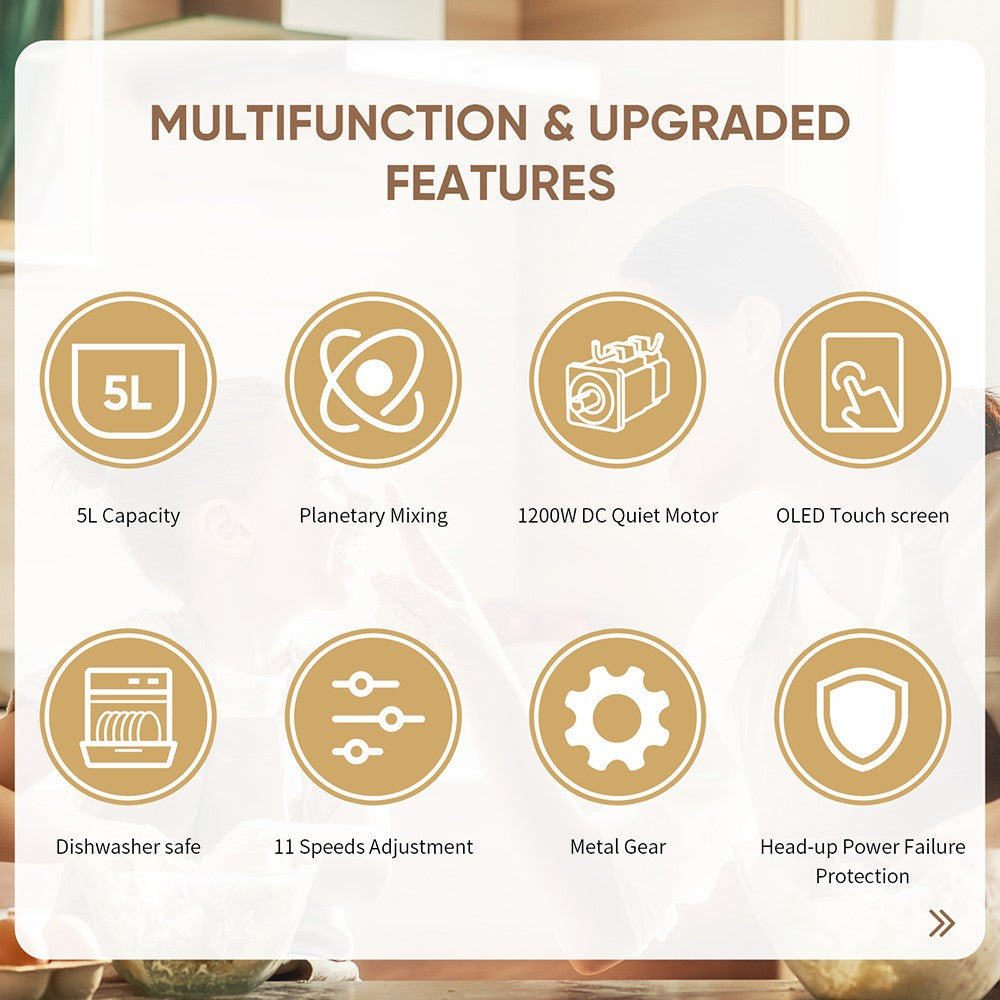 BioloMix BM602E 5L Kitchen Stand Mixer, 1200W 11-Speeds DC Motor, Digital OLED Screen, Low Noise, with Dough Hook, Flat Beater and Whisk