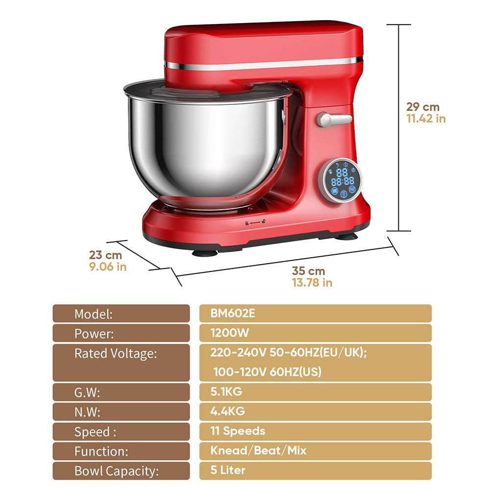 BioloMix BM602E 5L Kitchen Stand Mixer, 1200W 11-Speeds DC Motor, Digital OLED Screen, Low Noise, with Dough Hook, Flat Beater and Whisk