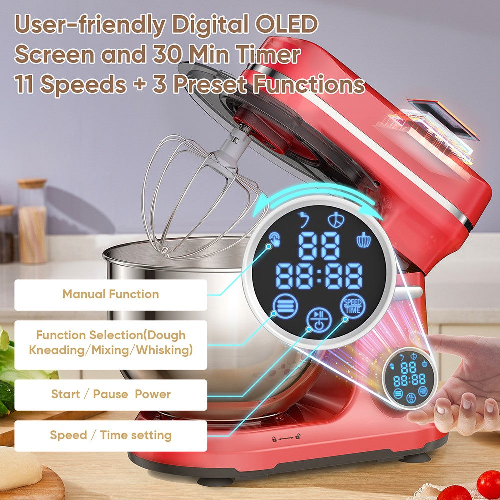 BioloMix BM602E 5L Kitchen Stand Mixer, 1200W 11-Speeds DC Motor, Digital OLED Screen, Low Noise, with Dough Hook, Flat Beater and Whisk