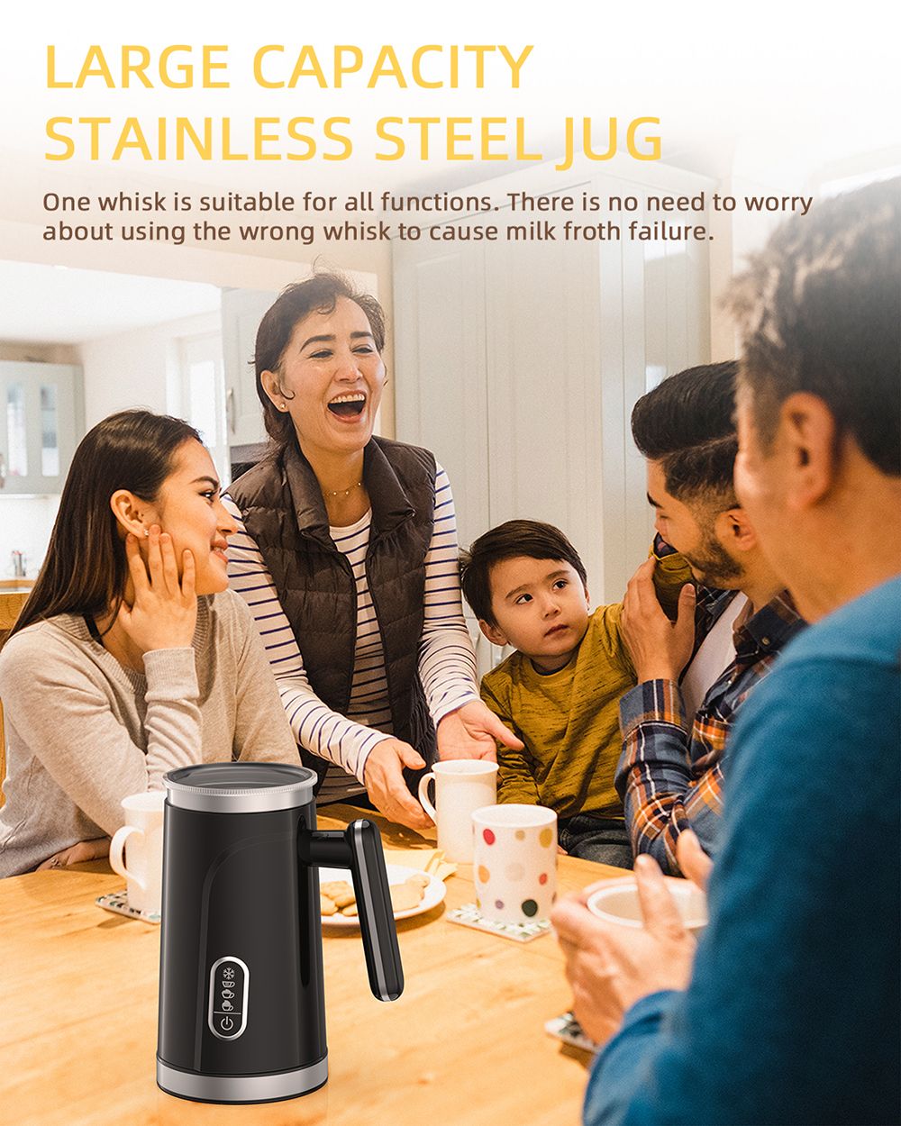 BioloMix BMF101 4 in 1 Electric Milk Frother and Warmer, Automatic Hot and Cold, for Latte, Foam Maker, Hot Chocolates, Cappuccino - Black