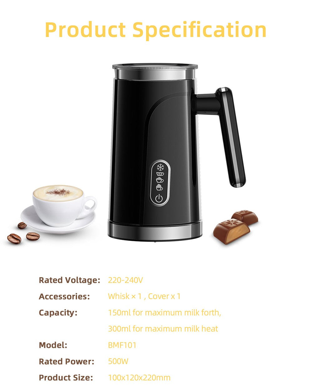 BioloMix BMF101 4 in 1 Electric Milk Frother and Warmer, Automatic Hot and Cold, for Latte, Foam Maker, Hot Chocolates, Cappuccino - Black