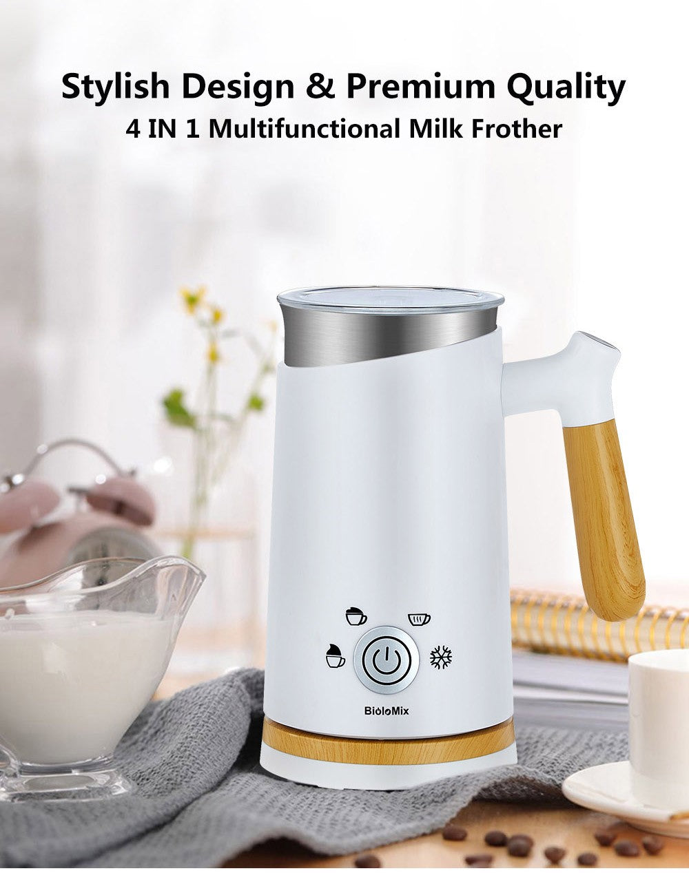 BioloMix BN11 4 in 1 Hot and Cold Milk Frother, 150ml Frothing Capacity, 300ml Heating Capacity