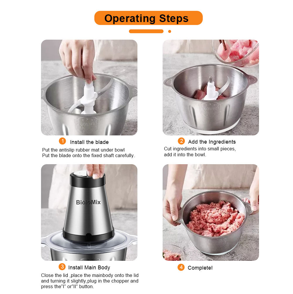 BioloMix CP615 Electric Meat Grinder Chopper, Low/High 2 Speeds, 500W Motor, 2L Large Capacity