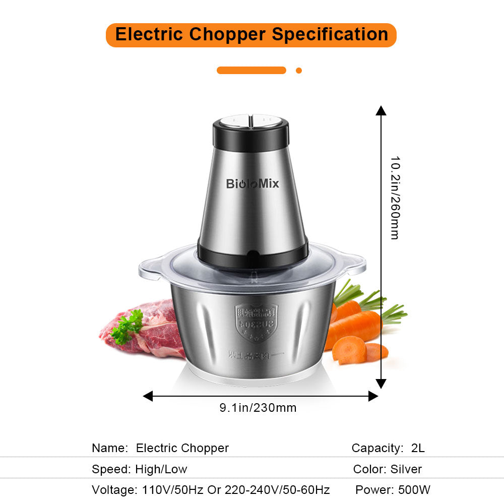 BioloMix CP615 Electric Meat Grinder Chopper, Low/High 2 Speeds, 500W Motor, 2L Large Capacity