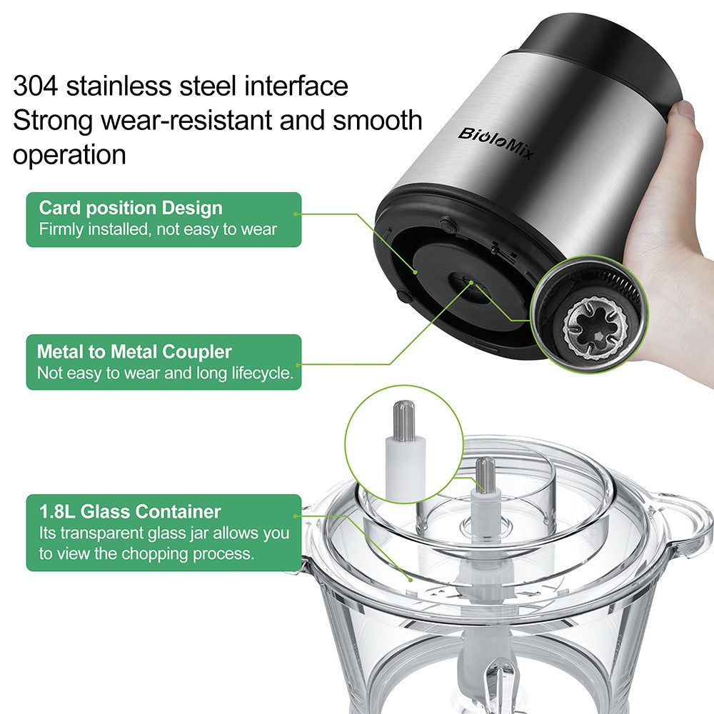 BioloMix P6001 500W Electric Meat Chopper, 1.8L Glass Bowl Food Processor Grinder, Two Speeds, for Vegetables Onion Garlic