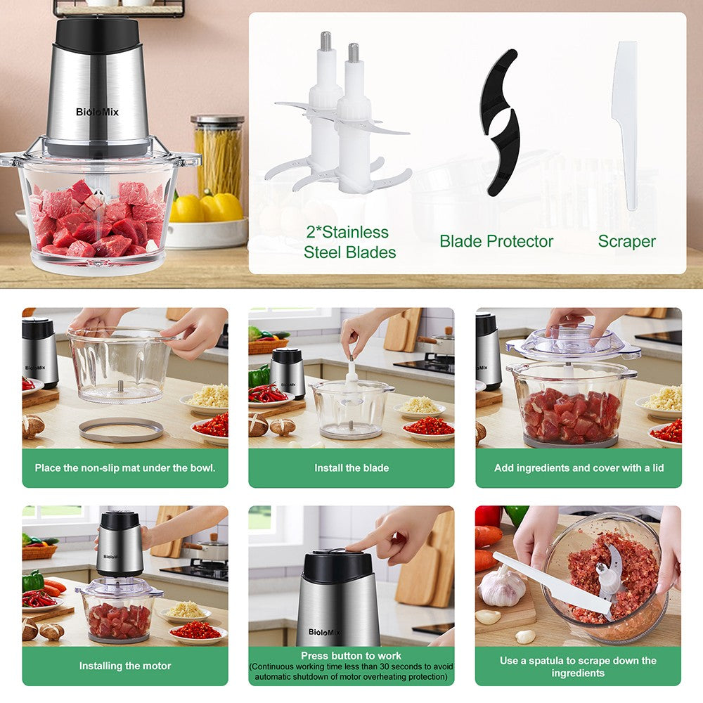 BioloMix P6001 500W Electric Meat Chopper, 1.8L Glass Bowl Food Processor Grinder, Two Speeds, for Vegetables Onion Garlic