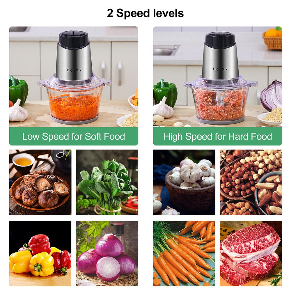 BioloMix P6001 500W Electric Meat Chopper, 1.8L Glass Bowl Food Processor Grinder, Two Speeds, for Vegetables Onion Garlic