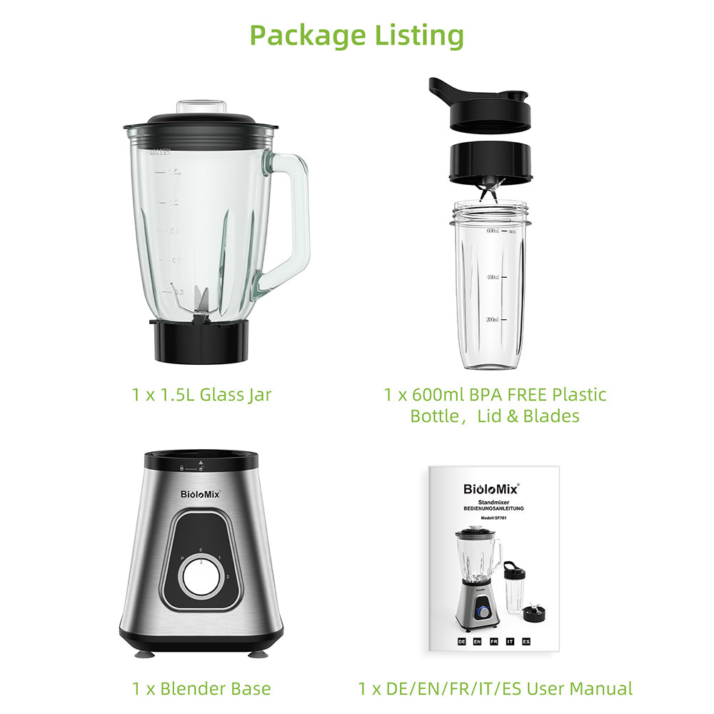 BioloMix SF701 1300W Smoothie Blender with 1.5L Glass Jar, 2 Speed Settings, Pulse Function