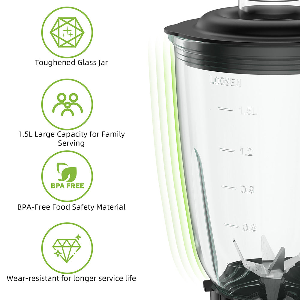 BioloMix SF701 1300W Smoothie Blender with 1.5L Glass Jar, 2 Speed Settings, Pulse Function