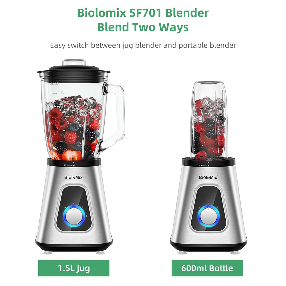 BioloMix SF701 1300W Smoothie Blender with 1.5L Glass Jar, 2 Speed Settings, Pulse Function