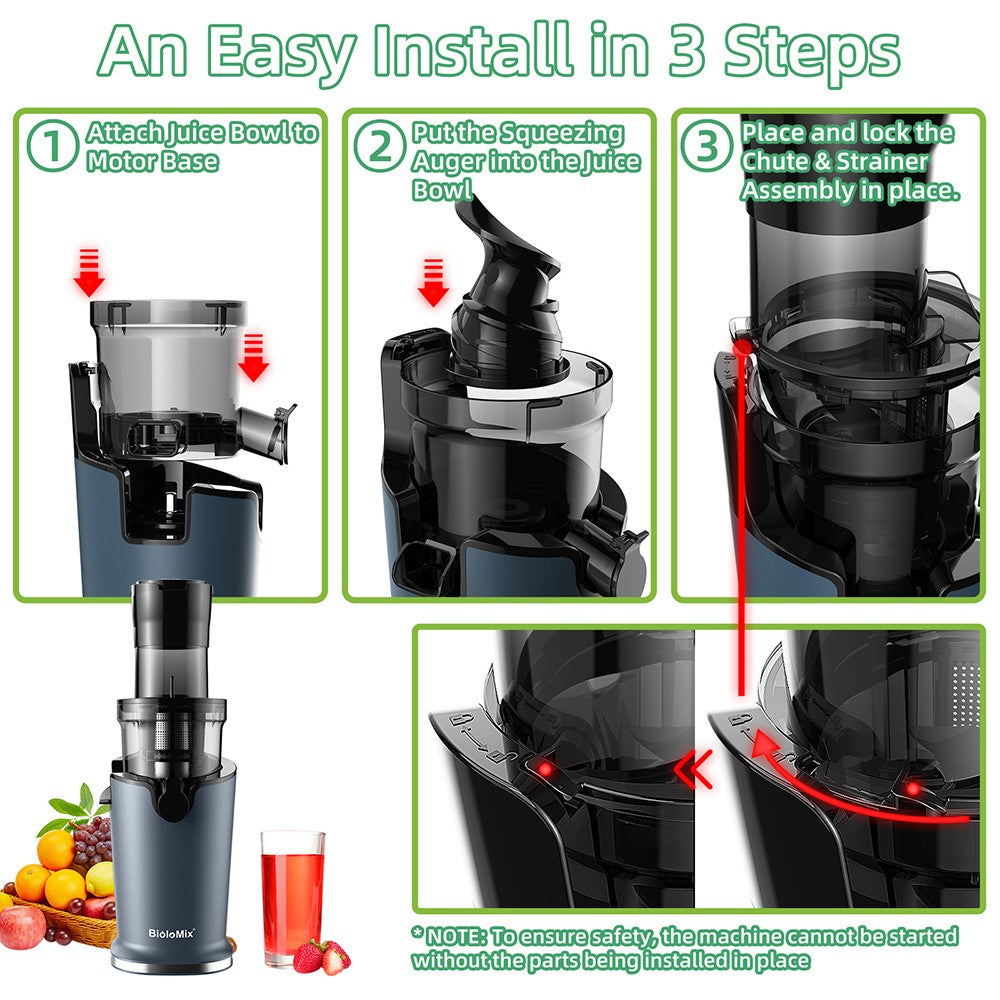 BioloMix Cold Press Juicer, with 78mm/3.07in Feed Chute, 200W 40-65RPM Powerful Motor, Low Noise Slow Masticating Juice Machine