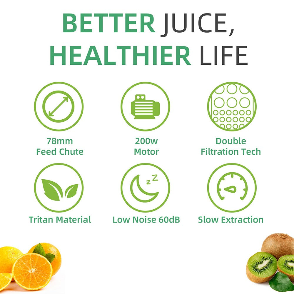 BioloMix Cold Press Juicer, with 78mm/3.07in Feed Chute, 200W 40-65RPM Powerful Motor, Low Noise Slow Masticating Juice Machine
