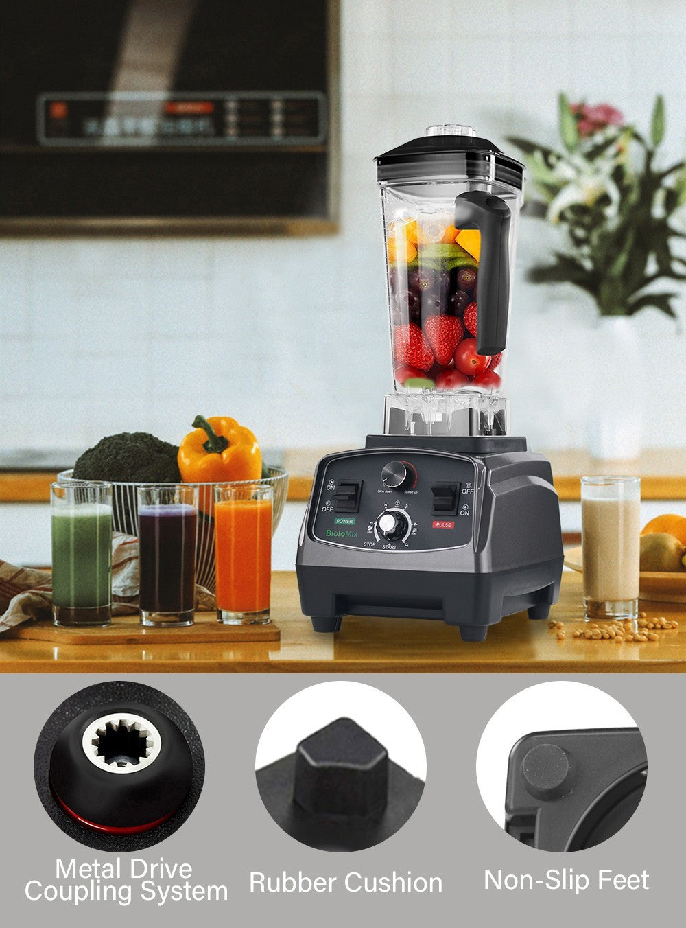 BioloMix T5200 3HP 2200W Timer Blender, Fruit Food Mixer Juicer, 2L Capacity, BPA Free
