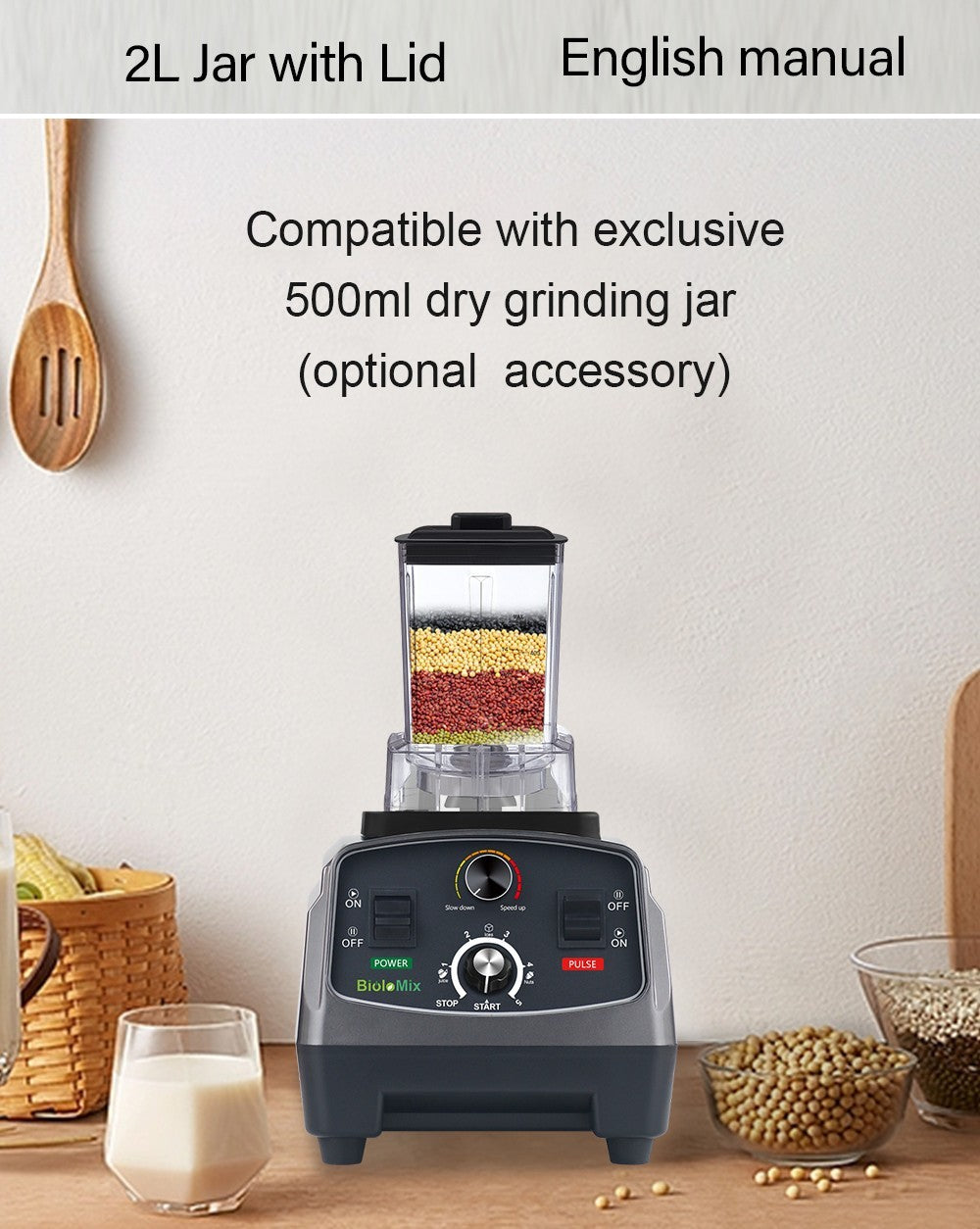 BioloMix T5200 3HP 2200W Timer Blender, Fruit Food Mixer Juicer, 2L Capacity, BPA Free