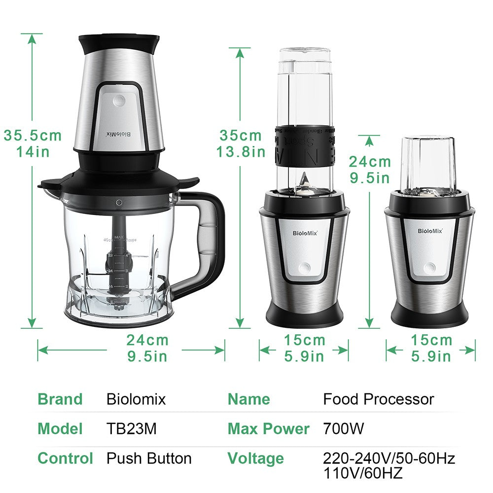 BioloMix TB23M 3-in-1 Multifunctional Food Processor, 700W Portable Juicer, Personal Blender, Meat Grinder, Coffee Spice Grinder, Meat Chopper, Smoothies, Fruits Mixer
