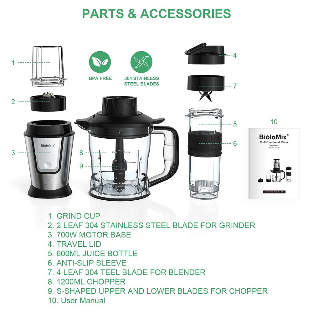 BioloMix TB23M 3-in-1 Multifunctional Food Processor, 700W Portable Juicer, Personal Blender, Meat Grinder, Coffee Spice Grinder, Meat Chopper, Smoothies, Fruits Mixer