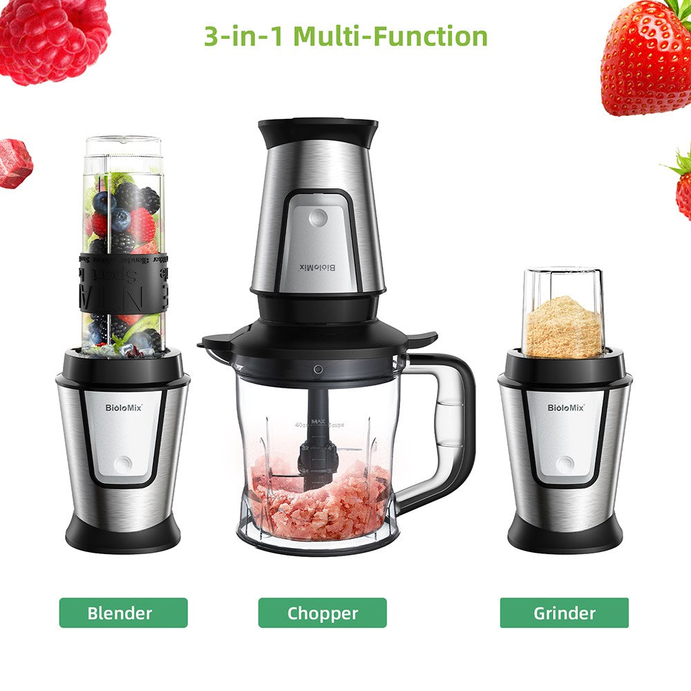 BioloMix TB23M 3-in-1 Multifunctional Food Processor, 700W Portable Juicer, Personal Blender, Meat Grinder, Coffee Spice Grinder, Meat Chopper, Smoothies, Fruits Mixer