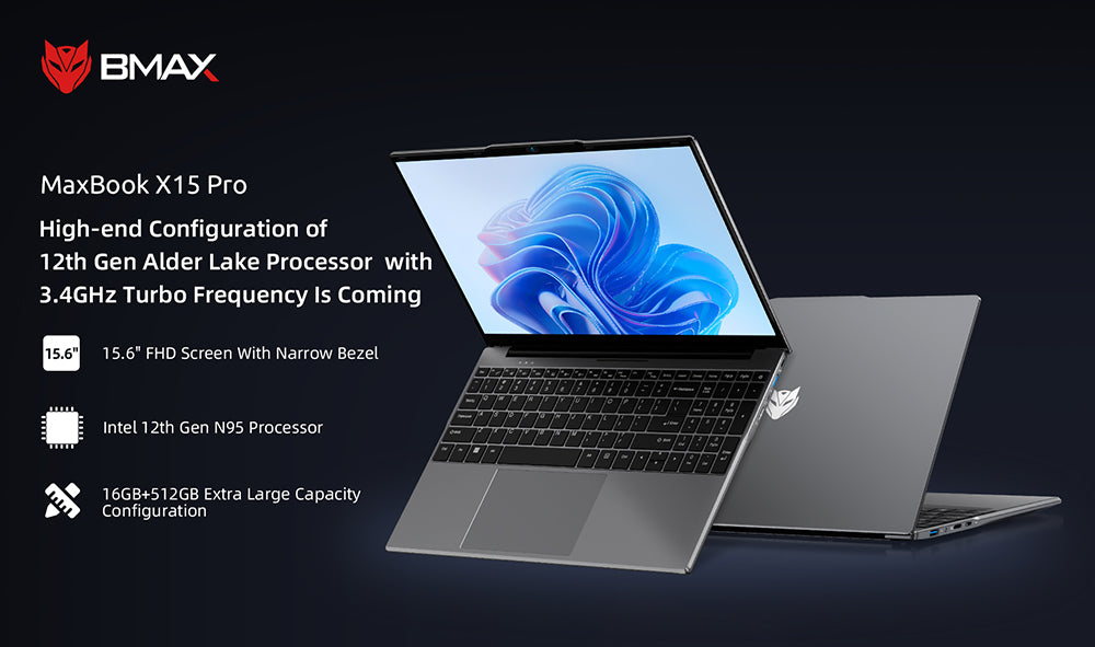 BMAX X15 Pro Laptop, 15.6 inch 1920*1080 IPS Screen, Intel N95 4 Cores Max 3.4GHz, 16GB RAM 512GB SSD, WiFi 5 Bluetooth 5.0, 5000mAh Battery, 1*Type-C, 2*USB3.2, 1*Mini HDMI, 1*Micro SD Slot, 1*Headset Jack, Full-size Keyboard