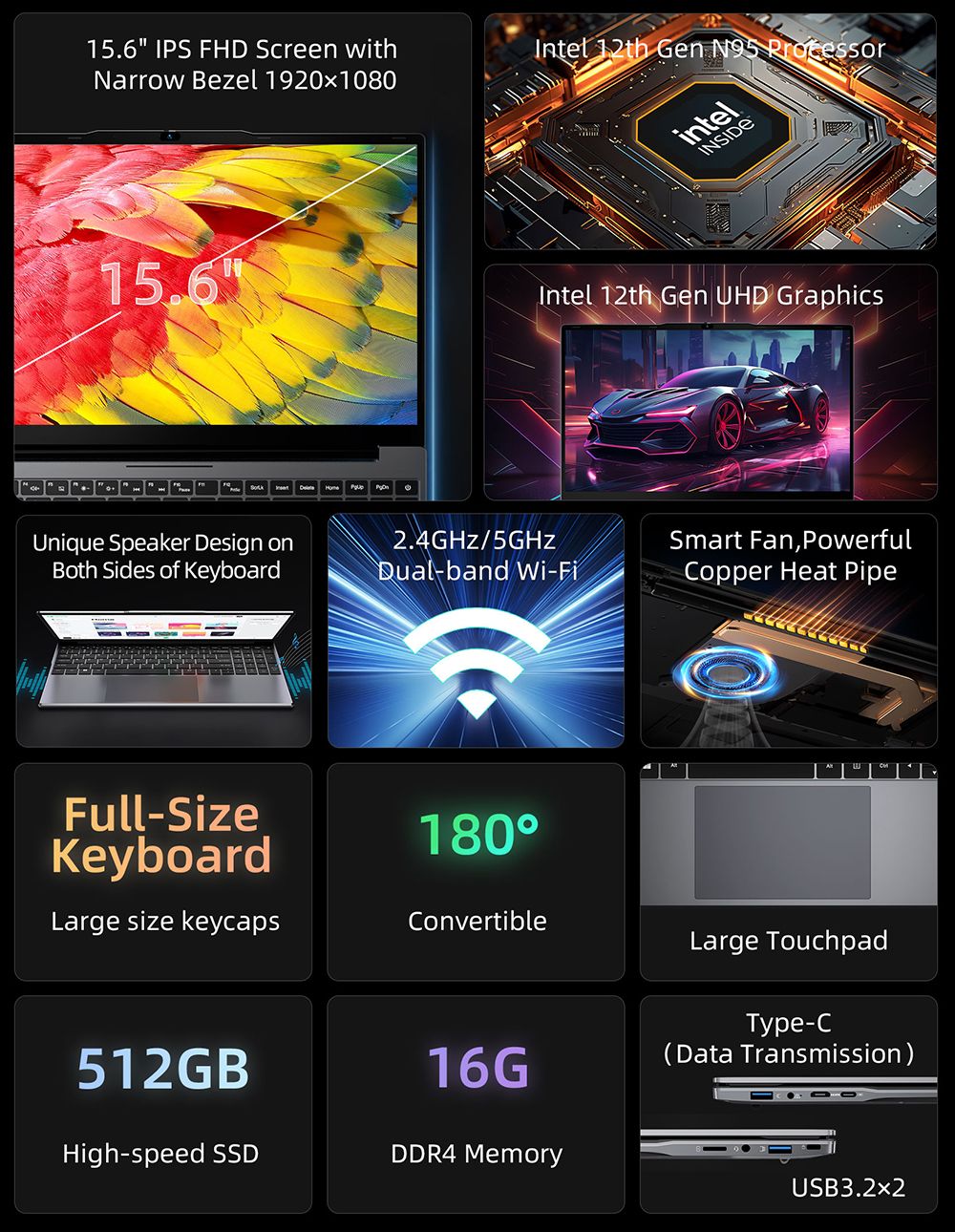 BMAX X15 Pro Laptop, 15.6 inch 1920*1080 IPS Screen, Intel N95 4 Cores Max 3.4GHz, 16GB RAM 512GB SSD, WiFi 5 Bluetooth 5.0, 5000mAh Battery, 1*Type-C, 2*USB3.2, 1*Mini HDMI, 1*Micro SD Slot, 1*Headset Jack, Full-size Keyboard