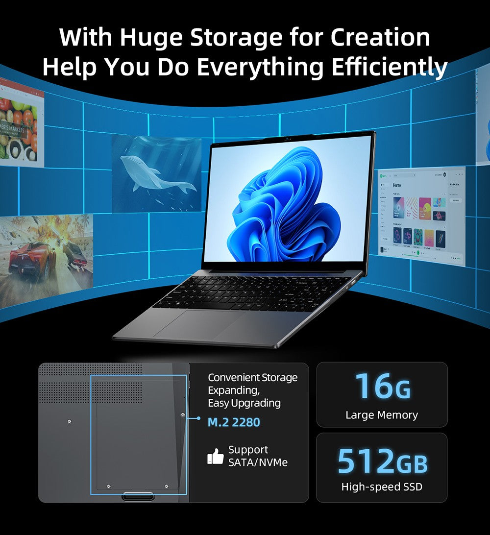 BMAX X15 Pro Laptop, 15.6 inch 1920*1080 IPS Screen, Intel N95 4 Cores Max 3.4GHz, 16GB RAM 512GB SSD, WiFi 5 Bluetooth 5.0, 5000mAh Battery, 1*Type-C, 2*USB3.2, 1*Mini HDMI, 1*Micro SD Slot, 1*Headset Jack, Full-size Keyboard