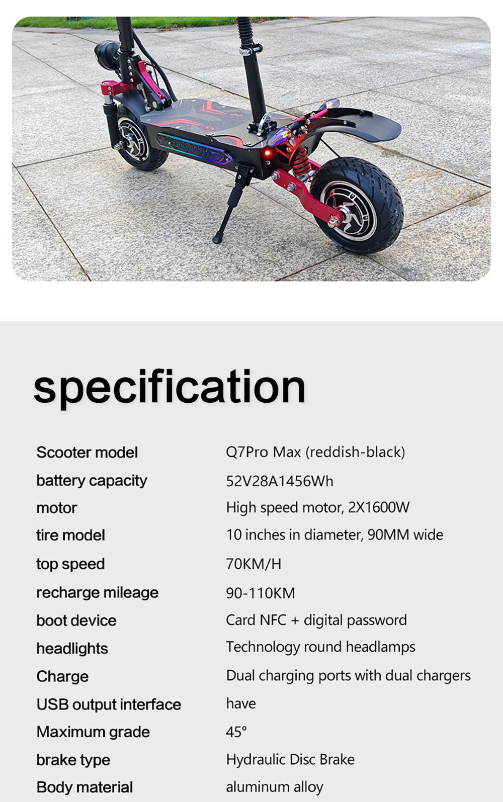 BOYUEDA Q7 Pro Max Electric Scooter, 1600W*2 Motor, 52V 28AH Battery, 10-inch Tire, 70km/h Max Speed, 110km Range, Dual Hydraulic Disc Brakes, Front Hydraulic Shock Absorber & Rear Spring Shock Absorber, LCD Display