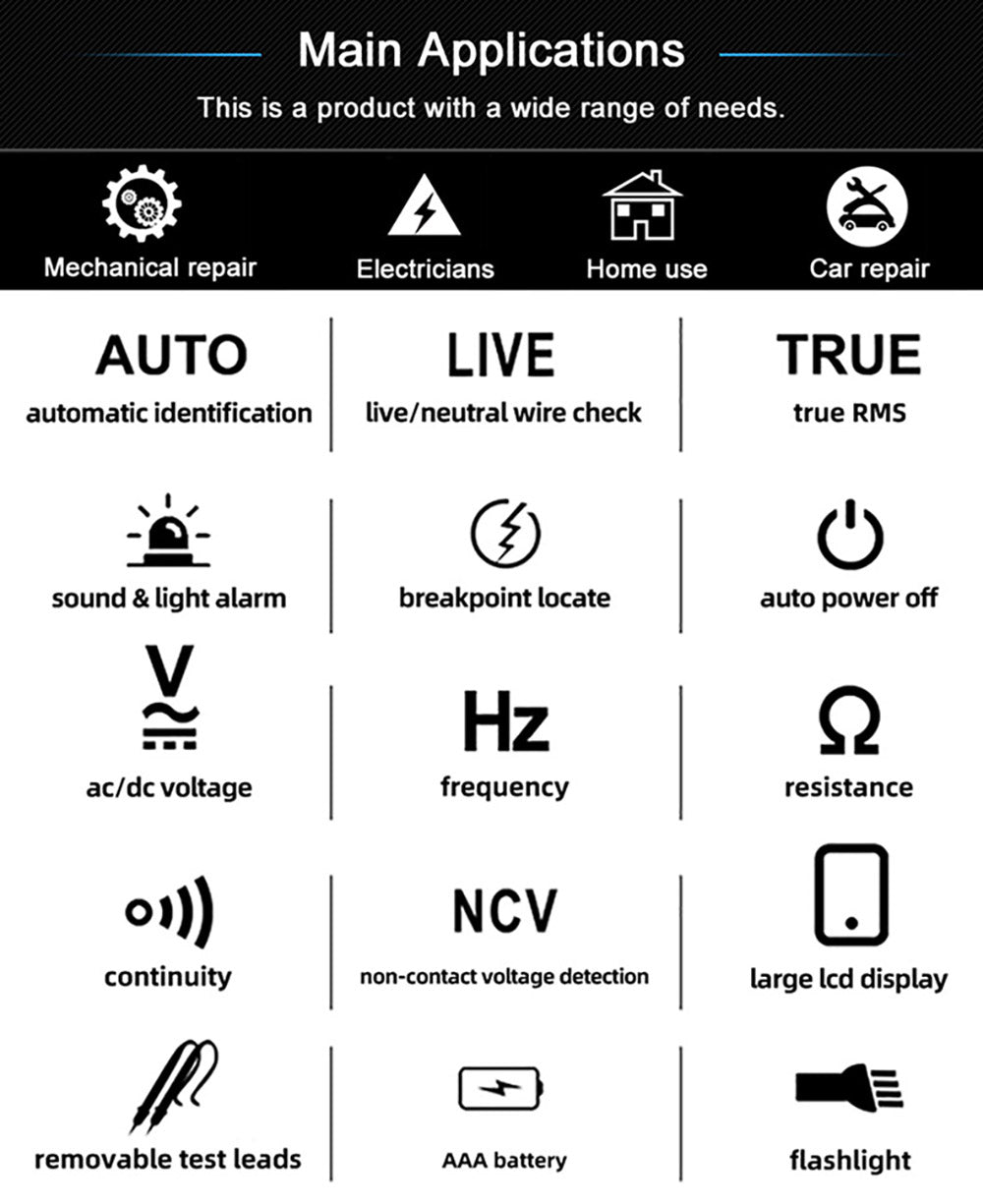 BSIDE A1 Digital Multimeter, Electrician Pen, Non-Contact Voltage Tester, Ohm Hz Meter, AC Live/Neutral Wire Test, Red & Green Backlight, with Storage Bag - Black
