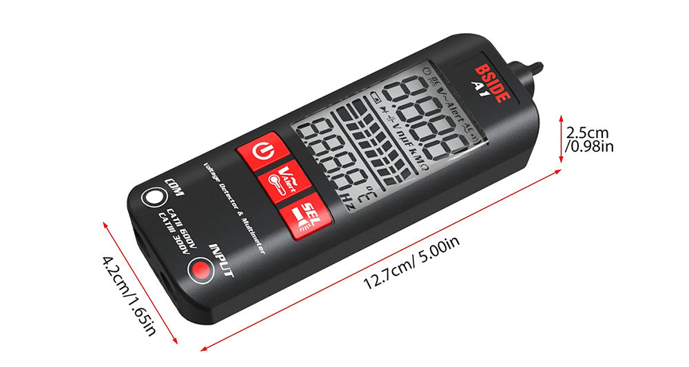 BSIDE A1 Digital Multimeter, Electrician Pen, Non-Contact Voltage Tester, Ohm Hz Meter, AC Live/Neutral Wire Test, Red & Green Backlight, with Storage Bag - Black