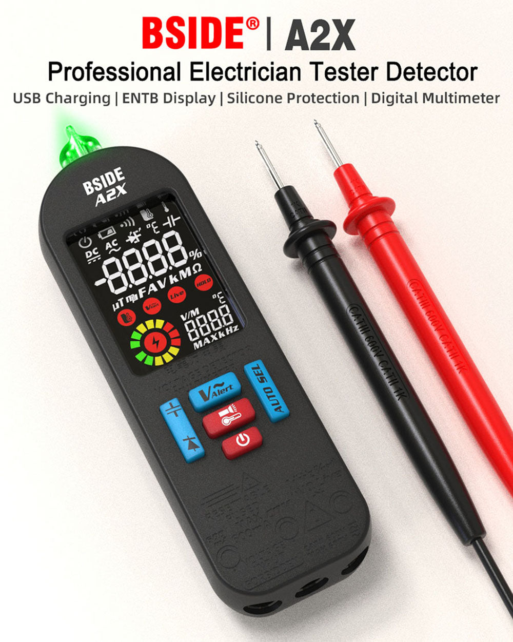 BSIDE A2X Intelligent Digital Multimeter, USB Charging, Color LCD Screen, Rechargeable Li-ion Battery, Bright LED Flashlight, Amp Smart Identification