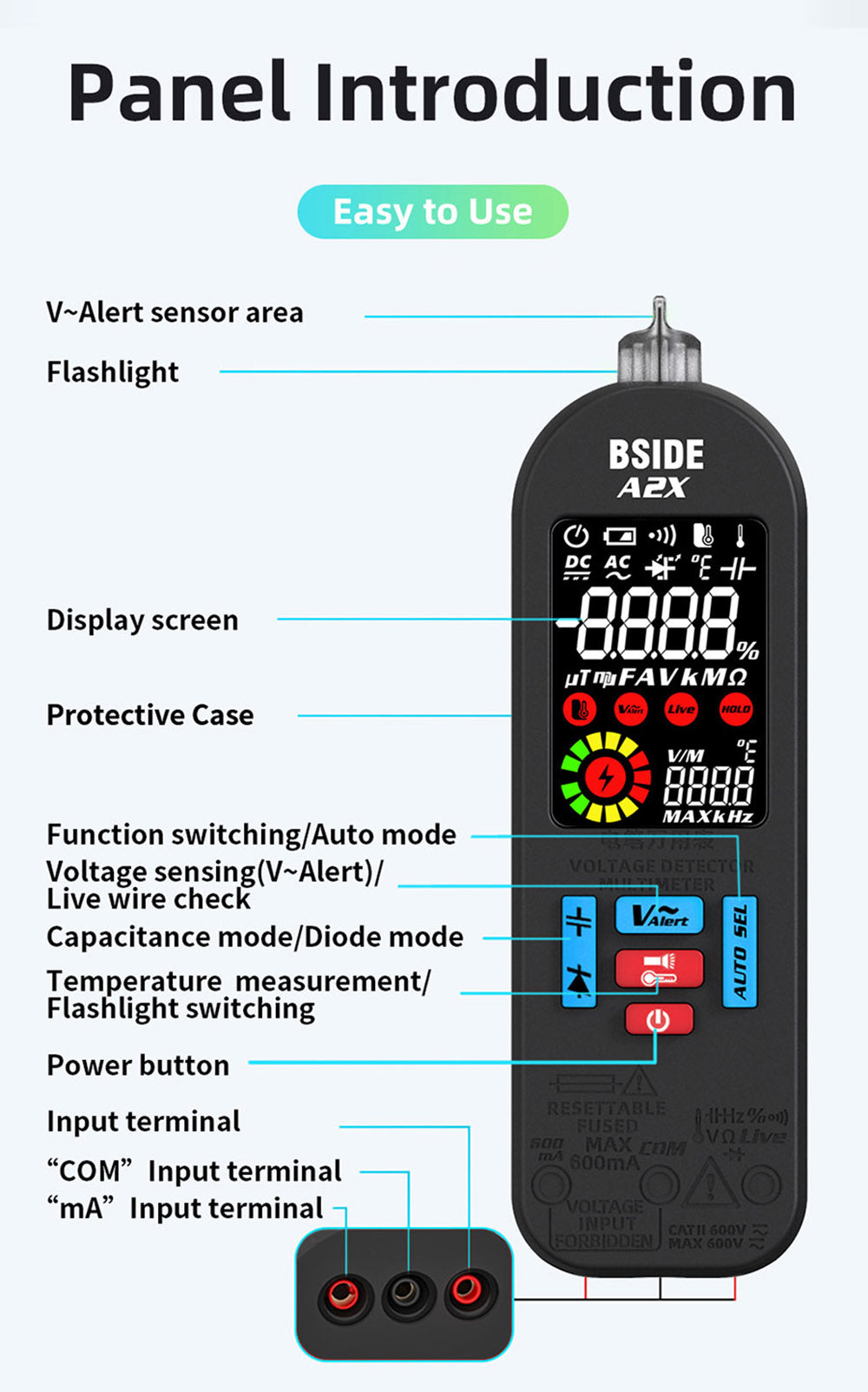 BSIDE A2X Intelligent Digital Multimeter, USB Charging, Color LCD Screen, Rechargeable Li-ion Battery, Bright LED Flashlight, Amp Smart Identification
