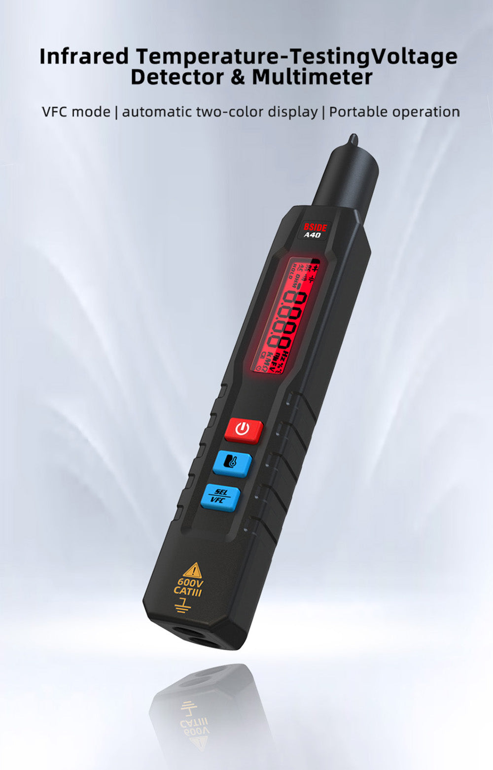 BSIDE A40 Intelligent Digital Multimeter, Infrared Temperature-testing, Non-Contact Electric Volt Pen, AC DC Dual Mode Thermometer, NCV VFC Alarm, Live Wire Check, Black - No Batteries