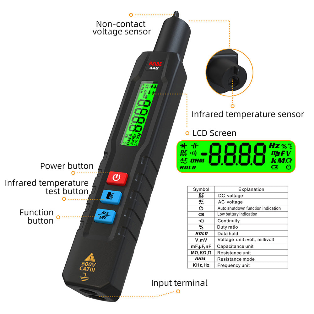BSIDE A40 Intelligent Digital Multimeter, Infrared Temperature-testing, Non-Contact Electric Volt Pen, AC DC Dual Mode Thermometer, NCV VFC Alarm, Live Wire Check, Black - No Batteries