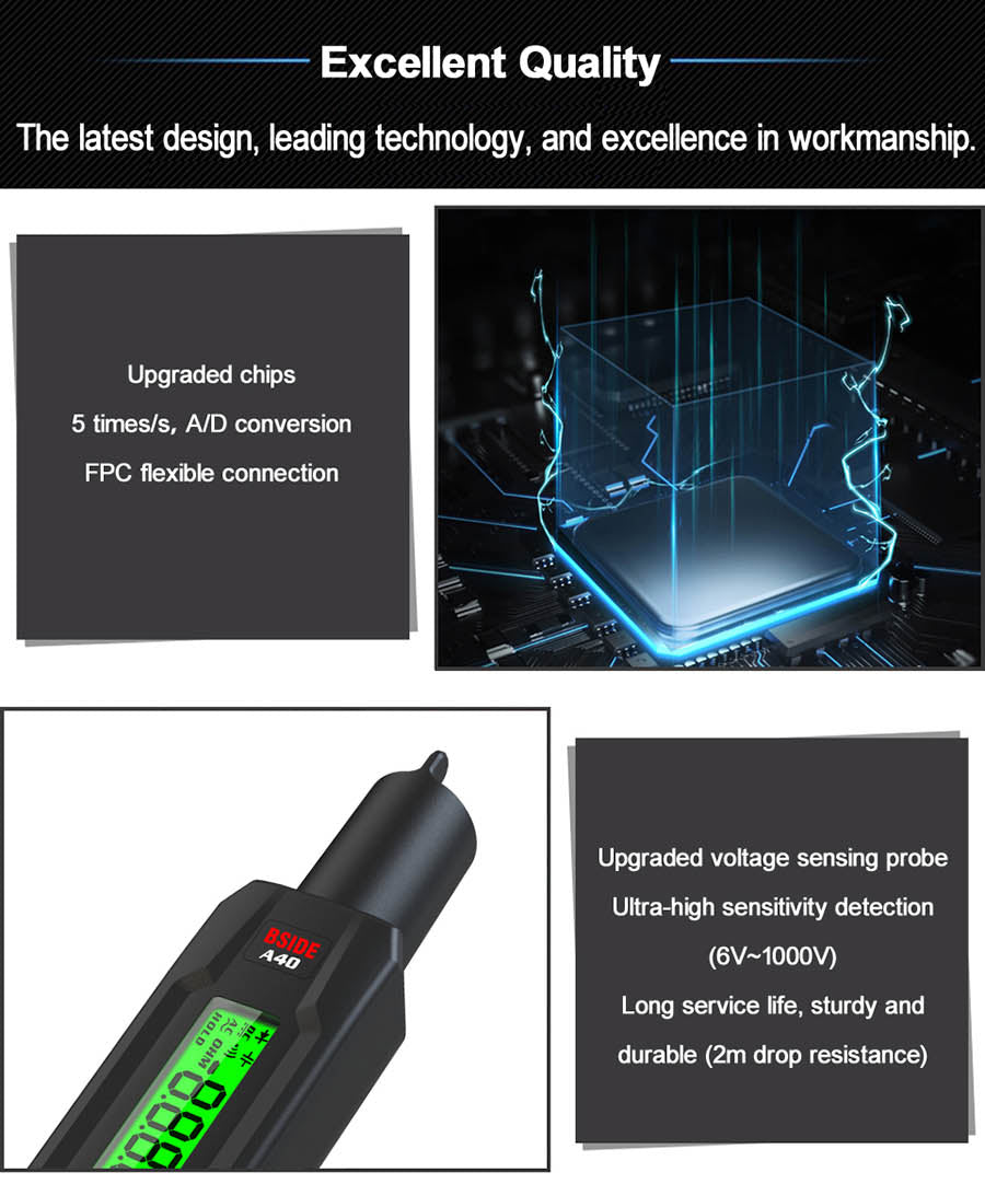BSIDE A40 Intelligent Digital Multimeter, Infrared Temperature-testing, Non-Contact Electric Volt Pen, AC DC Dual Mode Thermometer, NCV VFC Alarm, Live Wire Check, Black - No Batteries