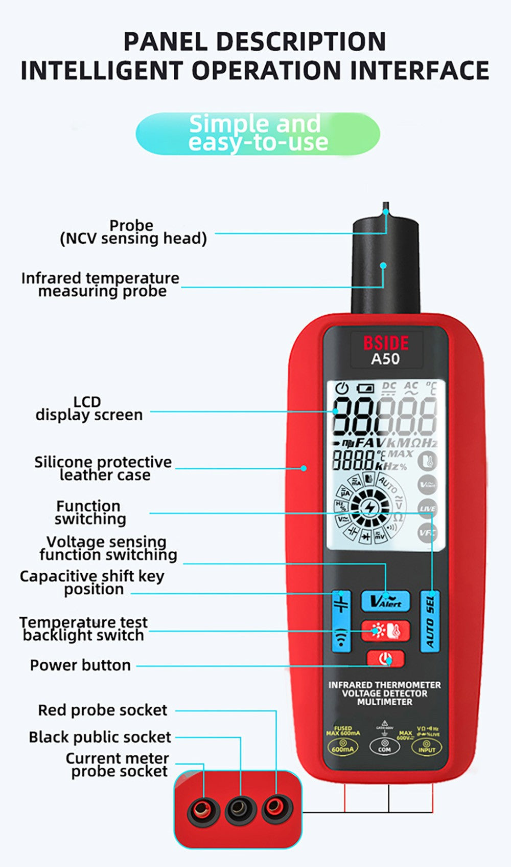 BSIDE A50 Digital Multimeter, 6000 Count, Electrical Test Pen, Leakage Tester, Voltage/Current/Capacitance/Resistance Tester