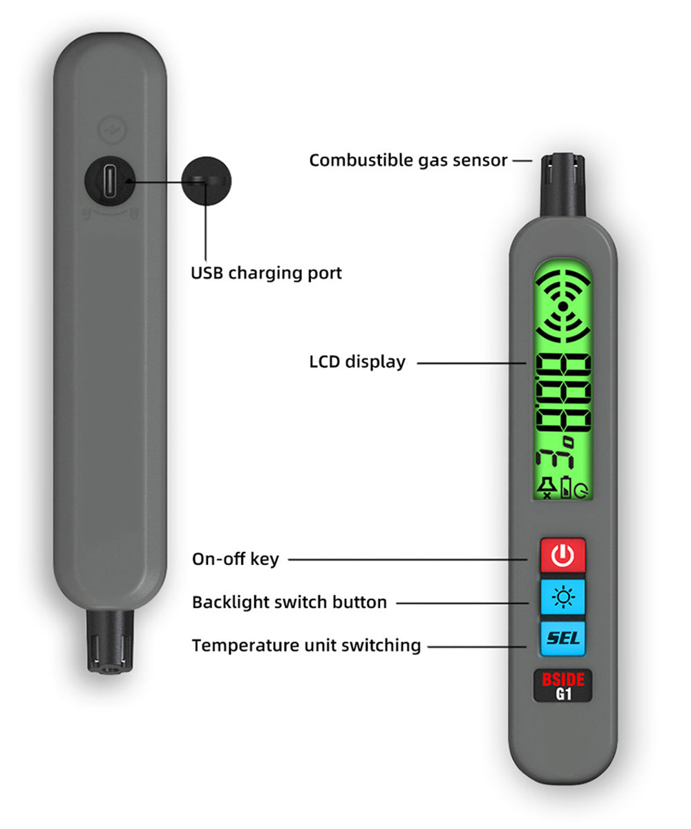 BSIDE G1 Combustible Gases Leak Detector, Natural Gases Leakage Detection, LCD Display with Backlight, Sound & Light & Vibration Alarm, without Bag