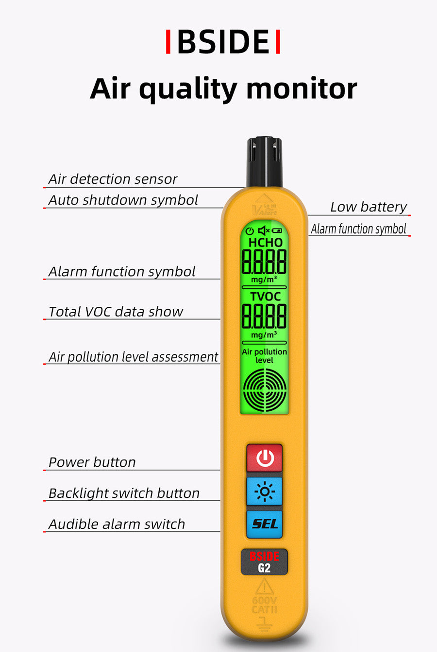 BSIDE G2 Air Quality Monitor, Formaldehyde Detector, PM2.5/TVOC/HCHO Test, Auto Alarm, LCD Display, Red & Green Color
