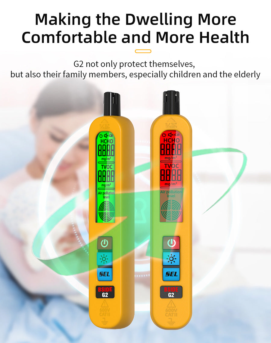 BSIDE G2 Air Quality Monitor, Formaldehyde Detector, PM2.5/TVOC/HCHO Test, Auto Alarm, LCD Display, Red & Green Color