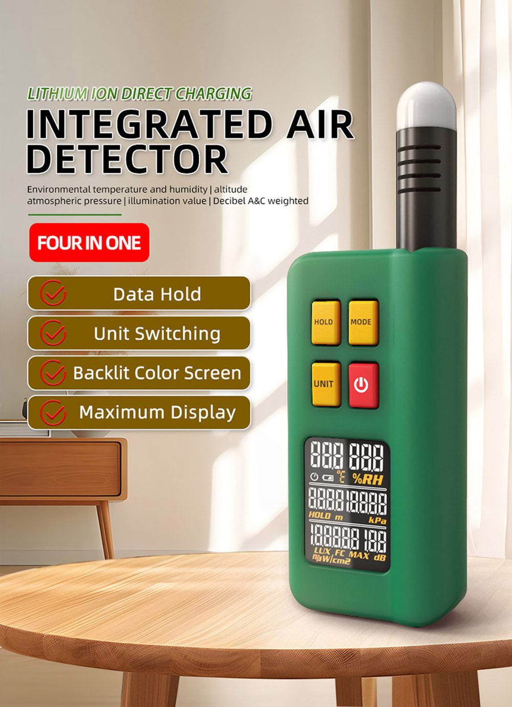 BSIDE GX1 4 in 1 Comprehensive Tester, Ambient/Temperature Humidity/Light Noise/Altitude Tester, with Decibel, A & C Weighted Test Functions - Green
