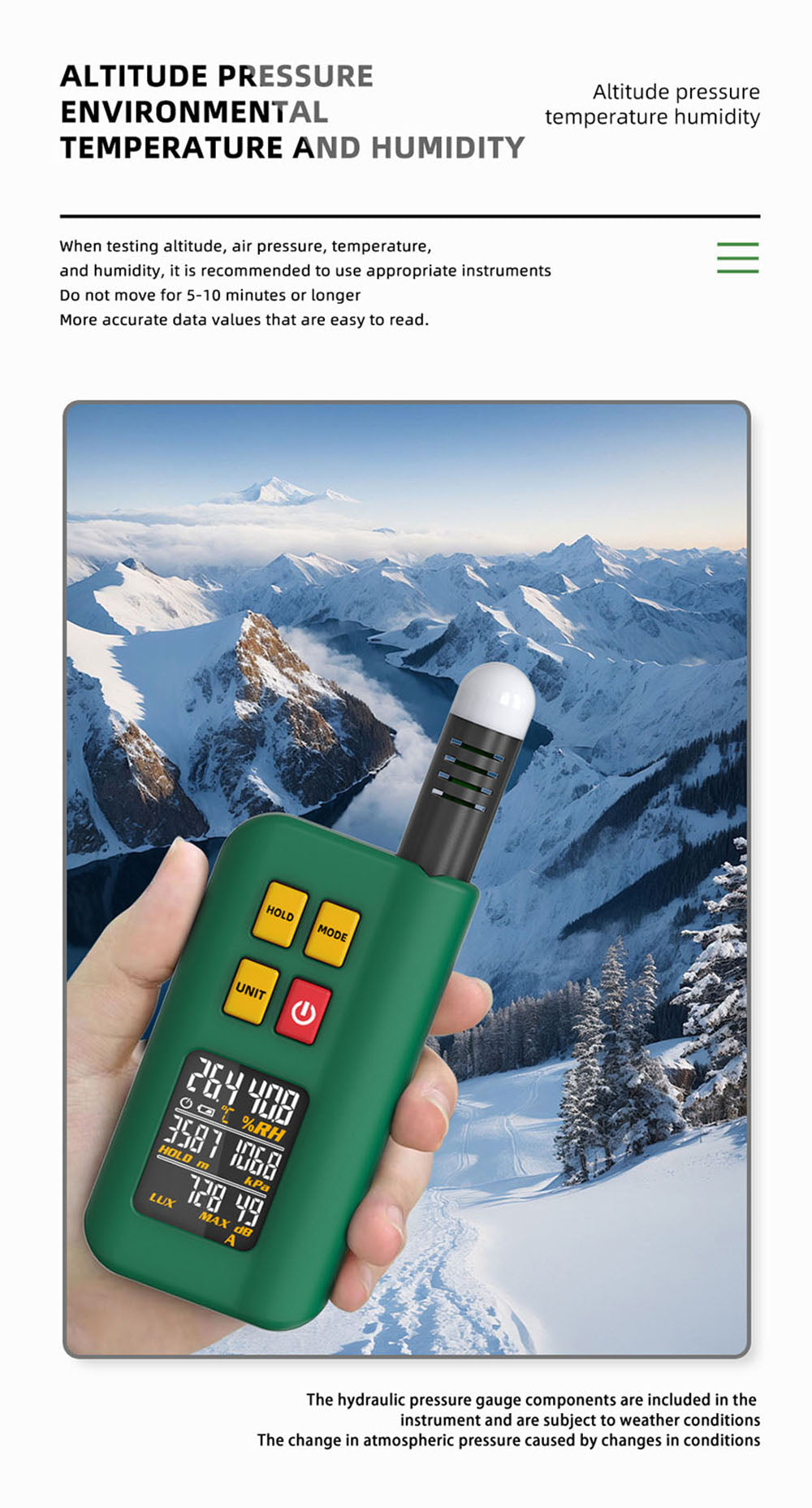 BSIDE GX1 4 in 1 Comprehensive Tester, Ambient/Temperature Humidity/Light Noise/Altitude Tester, with Decibel, A & C Weighted Test Functions - Green