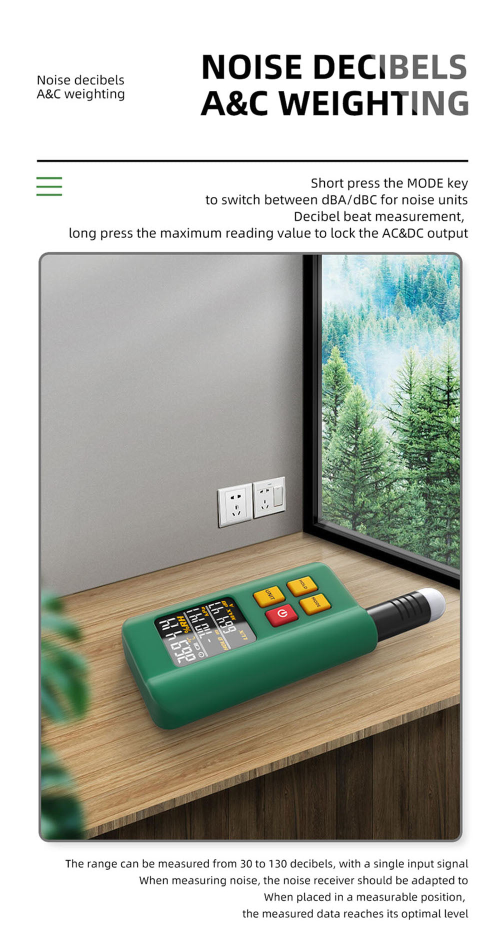 BSIDE GX1 4 in 1 Comprehensive Tester, Ambient/Temperature Humidity/Light Noise/Altitude Tester, with Decibel, A & C Weighted Test Functions - Green