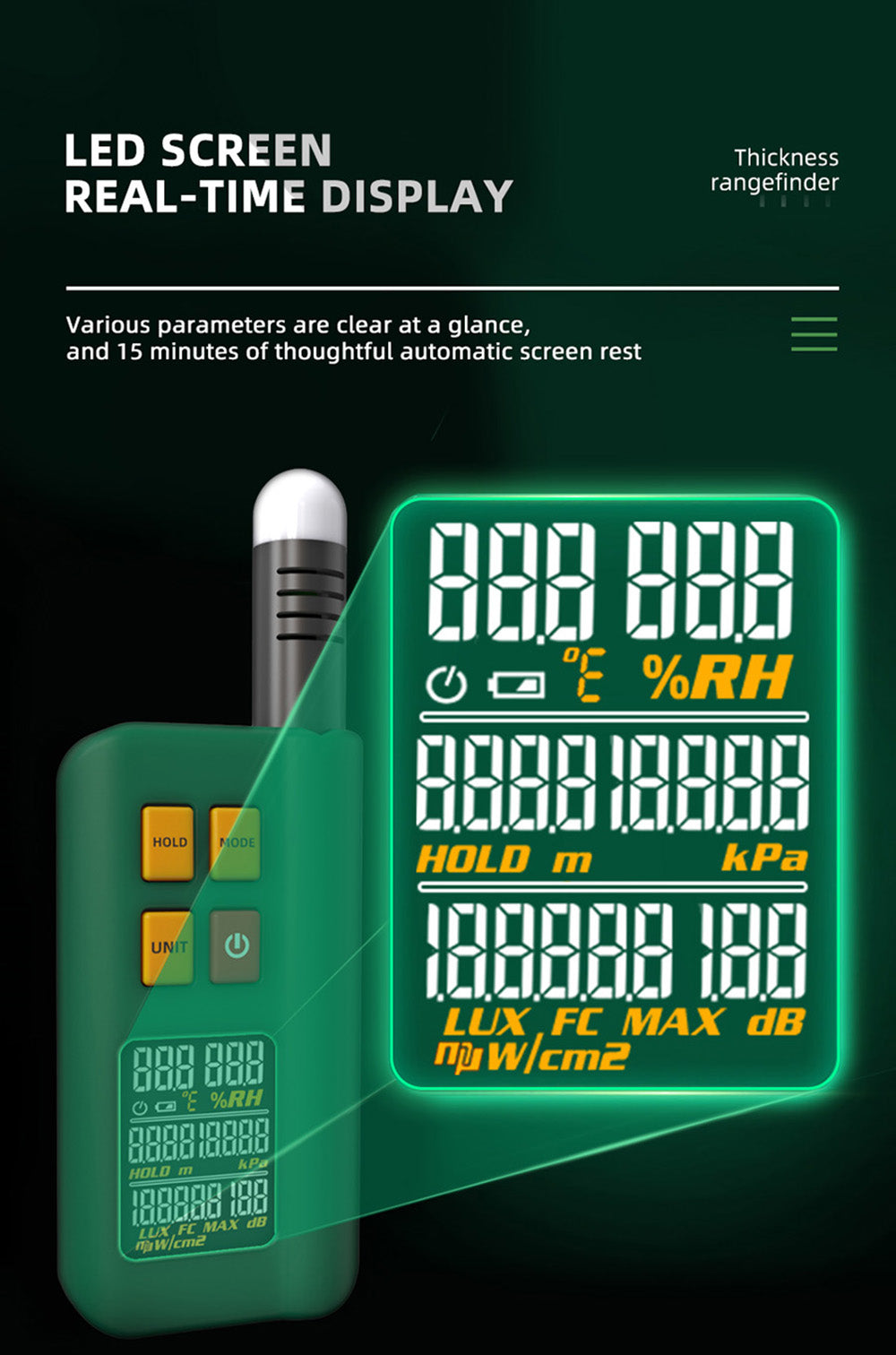 BSIDE GX1 4 in 1 Comprehensive Tester, Ambient/Temperature Humidity/Light Noise/Altitude Tester, with Decibel, A & C Weighted Test Functions - Green
