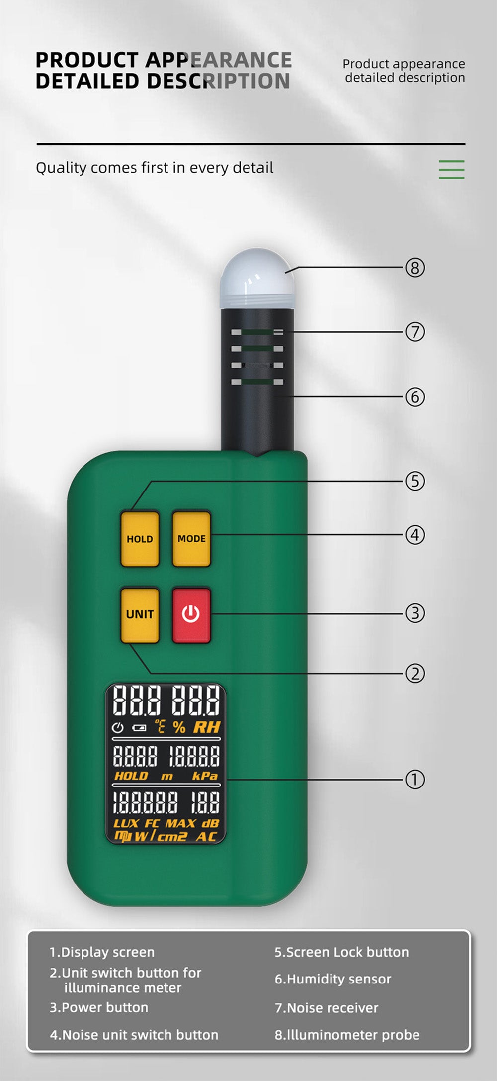 BSIDE GX1 4 in 1 Comprehensive Tester, Ambient/Temperature Humidity/Light Noise/Altitude Tester, with Decibel, A & C Weighted Test Functions - Green