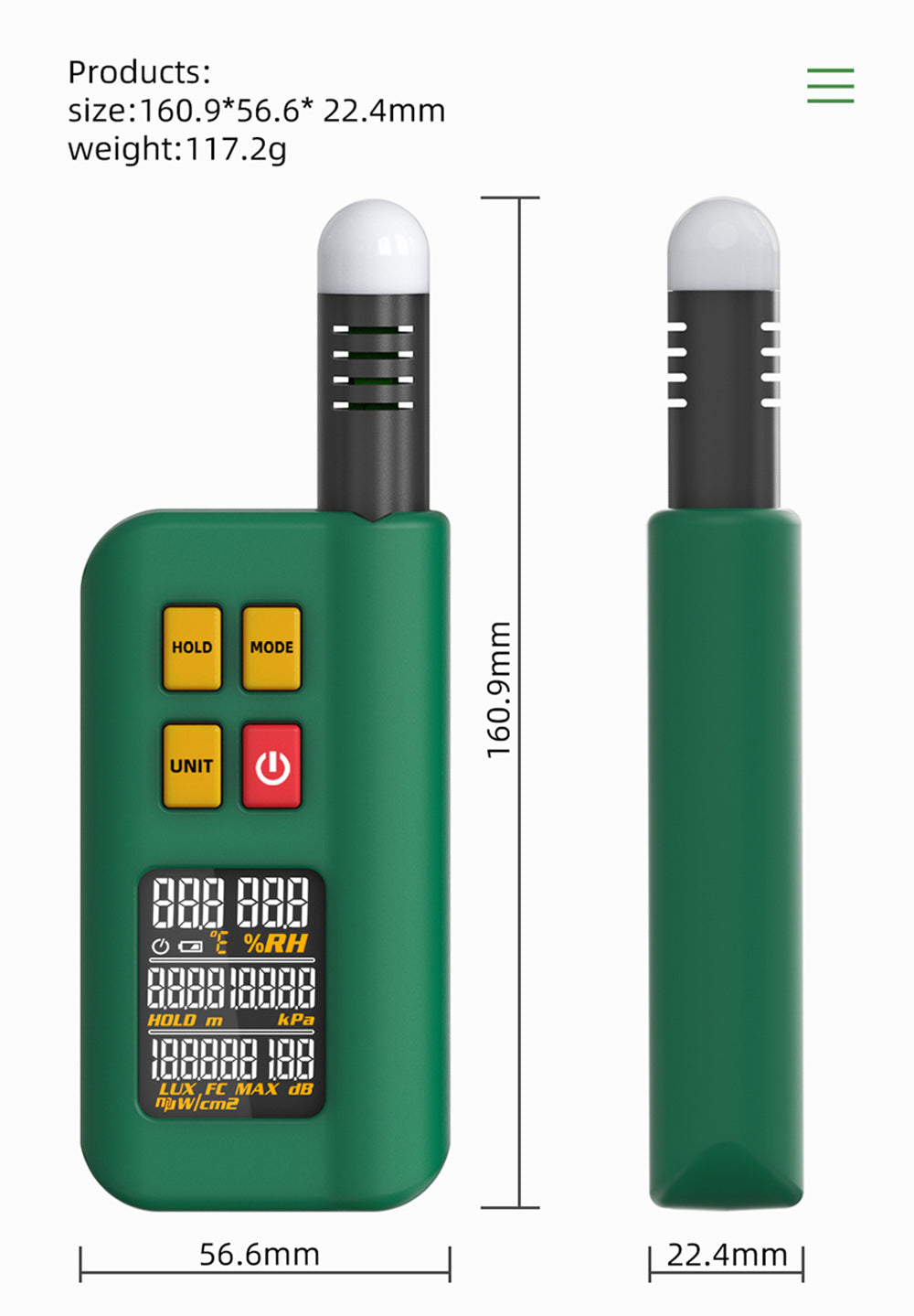BSIDE GX1 4 in 1 Comprehensive Tester, Ambient/Temperature Humidity/Light Noise/Altitude Tester, with Decibel, A & C Weighted Test Functions - Green