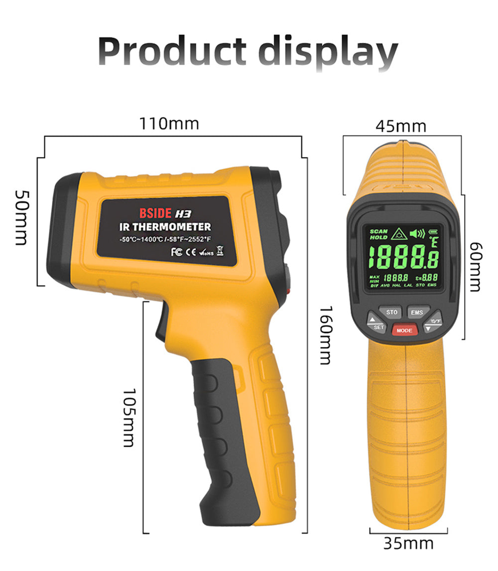 BSIDE H3 Infrared Thermometer Gun, -58℉—2552℉ Non-contact Handheld Digital Laser Industrial Temperature Measuring Tester, Yellow, No Battery