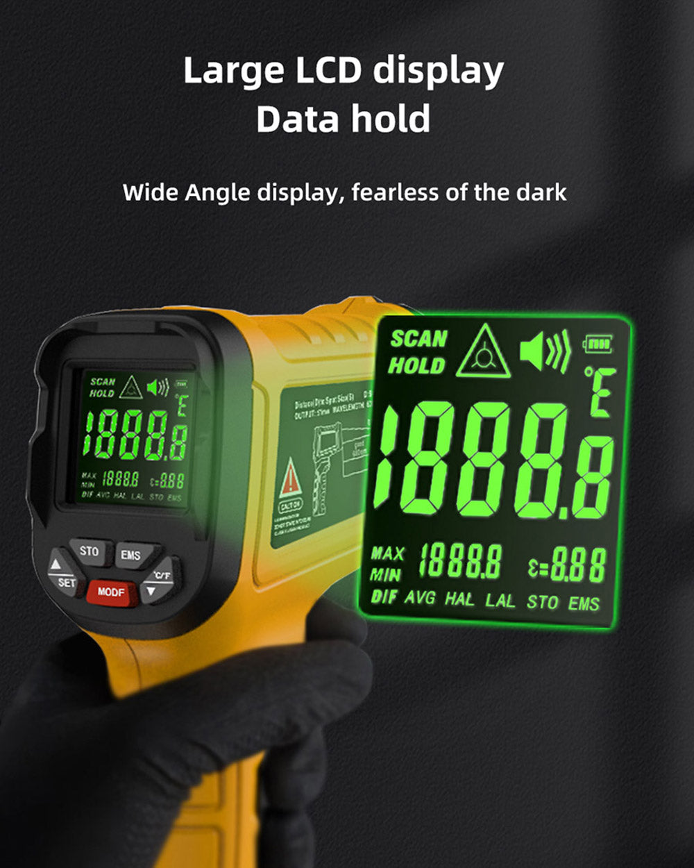 BSIDE H3 Infrared Thermometer Gun, -58℉—2552℉ Non-contact Handheld Digital Laser Industrial Temperature Measuring Tester, Yellow, No Battery