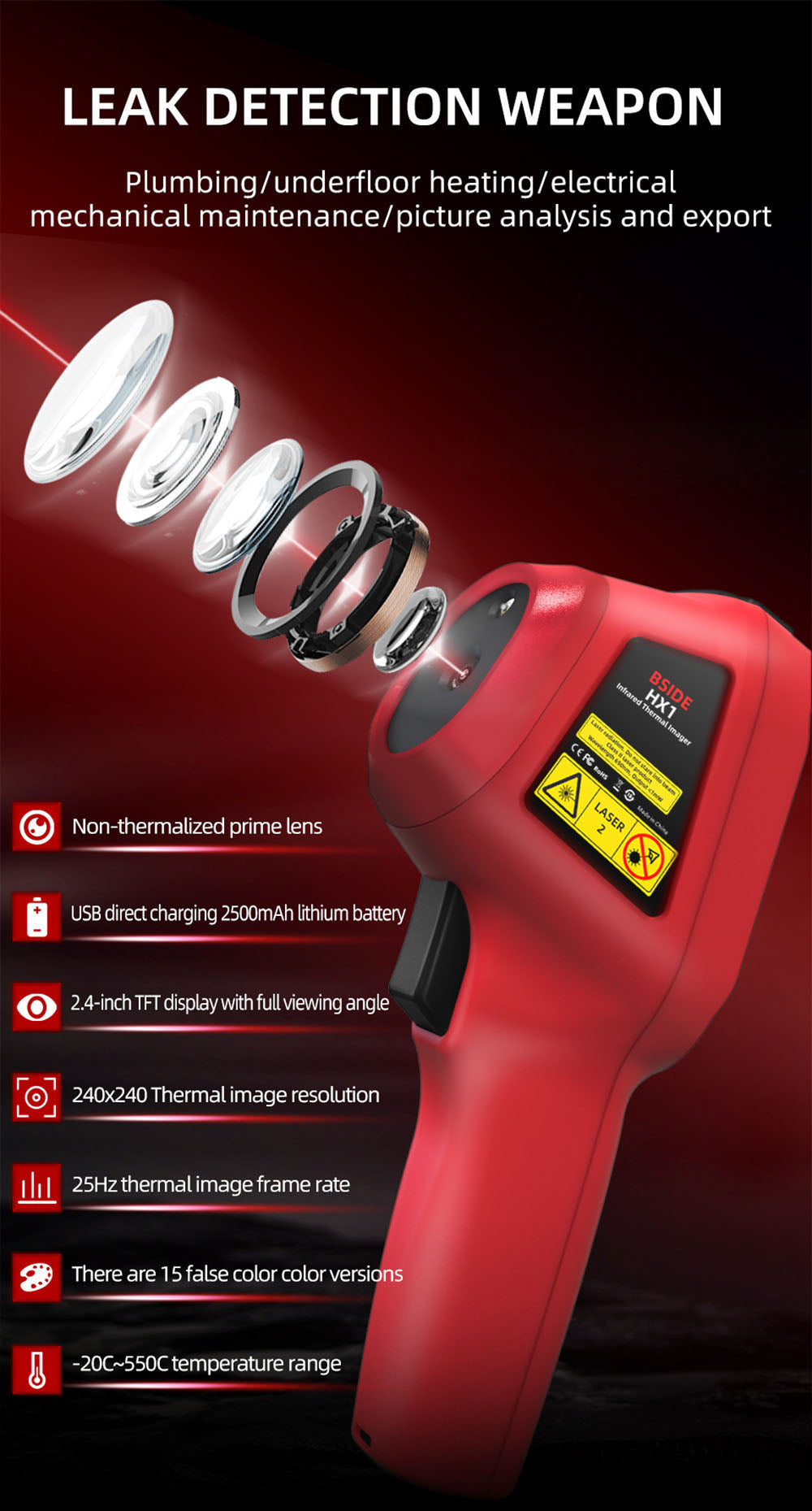 BSIDE HX1 Infrared Thermal Imager, 240*240P, 2.4 Inch LCD Screen, IP54 Protection