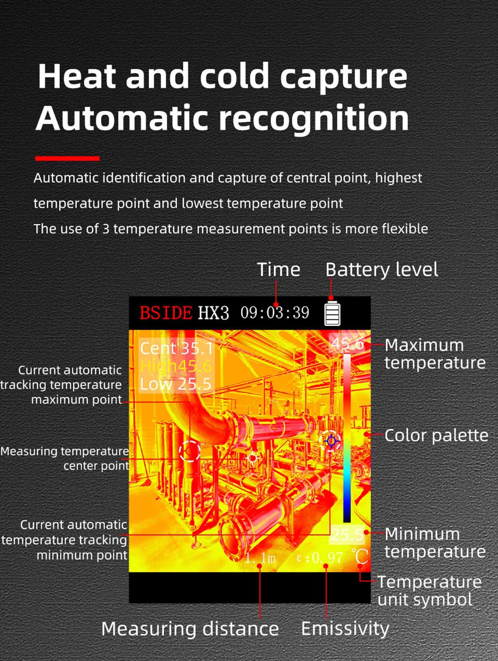 BSIDE HX3 Infrared Thermal Imaging Camera, 2.4-inch TFT LCD, 240 x 240 Resolution, -20°C to 550°C Tempearture Range, for Home Inspection HVAC Electrical