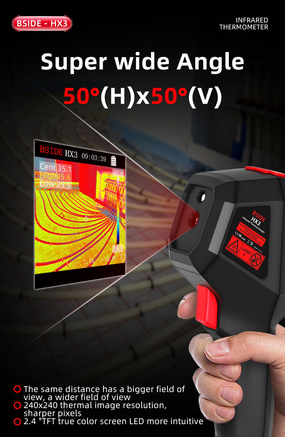 BSIDE HX3 Infrared Thermal Imaging Camera, 2.4-inch TFT LCD, 240 x 240 Resolution, -20°C to 550°C Tempearture Range, for Home Inspection HVAC Electrical