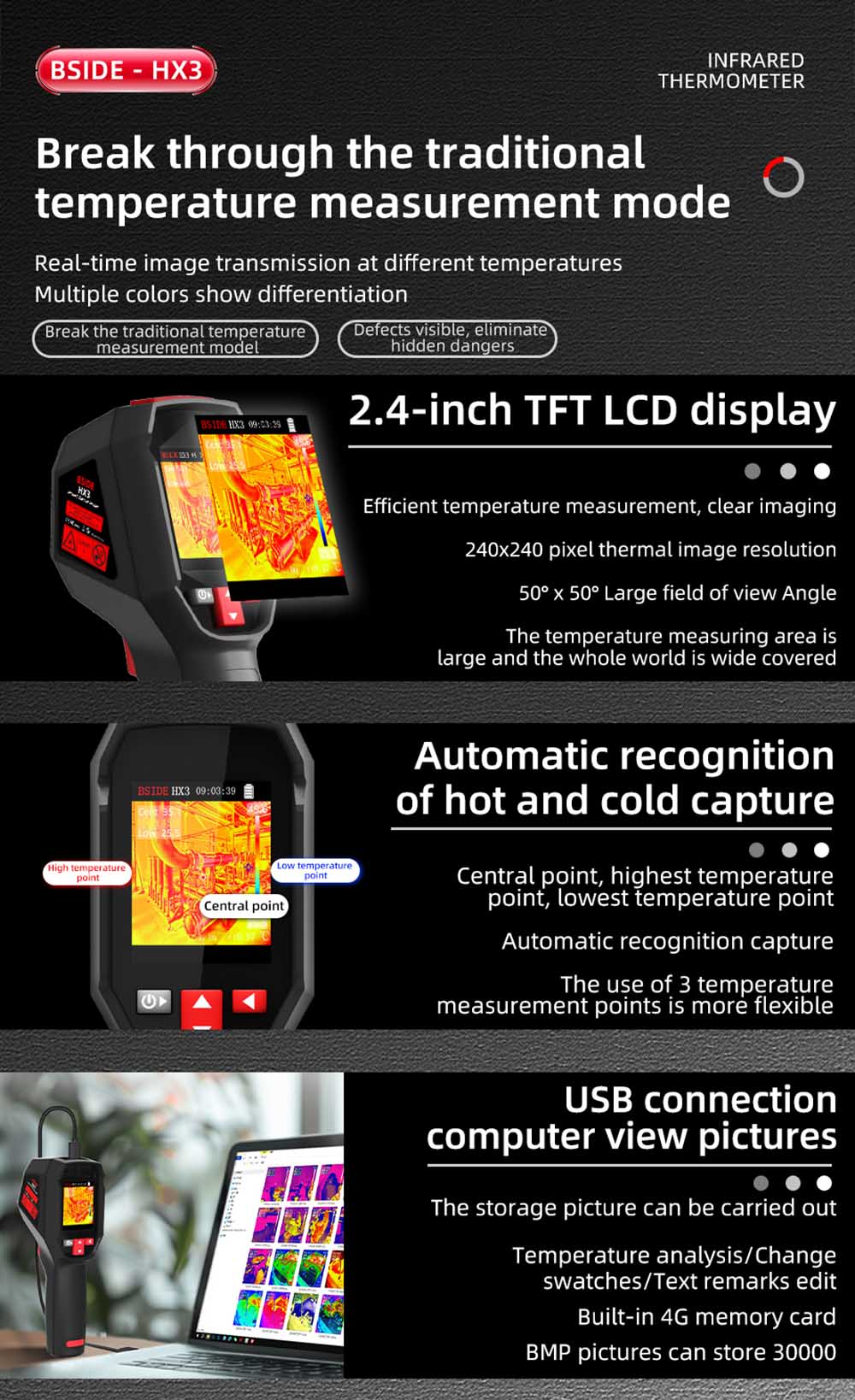 BSIDE HX3 Infrared Thermal Imaging Camera, 2.4-inch TFT LCD, 240 x 240 Resolution, -20°C to 550°C Tempearture Range, for Home Inspection HVAC Electrical