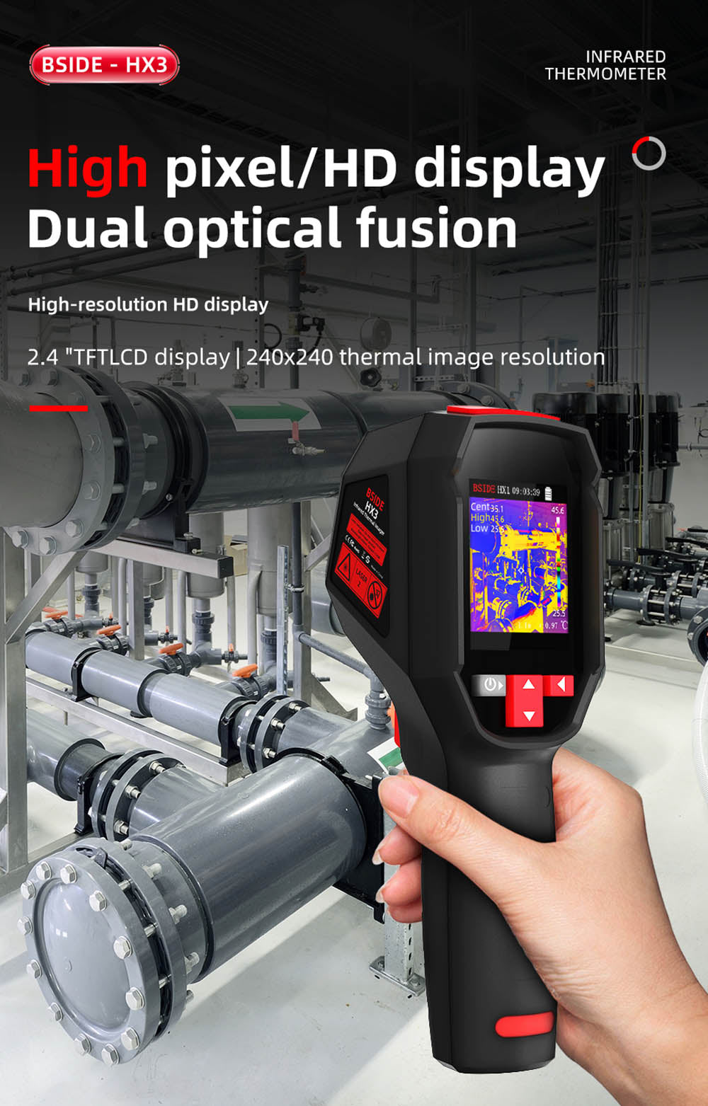 BSIDE HX3 Infrared Thermal Imaging Camera, 2.4-inch TFT LCD, 240 x 240 Resolution, -20°C to 550°C Tempearture Range, for Home Inspection HVAC Electrical